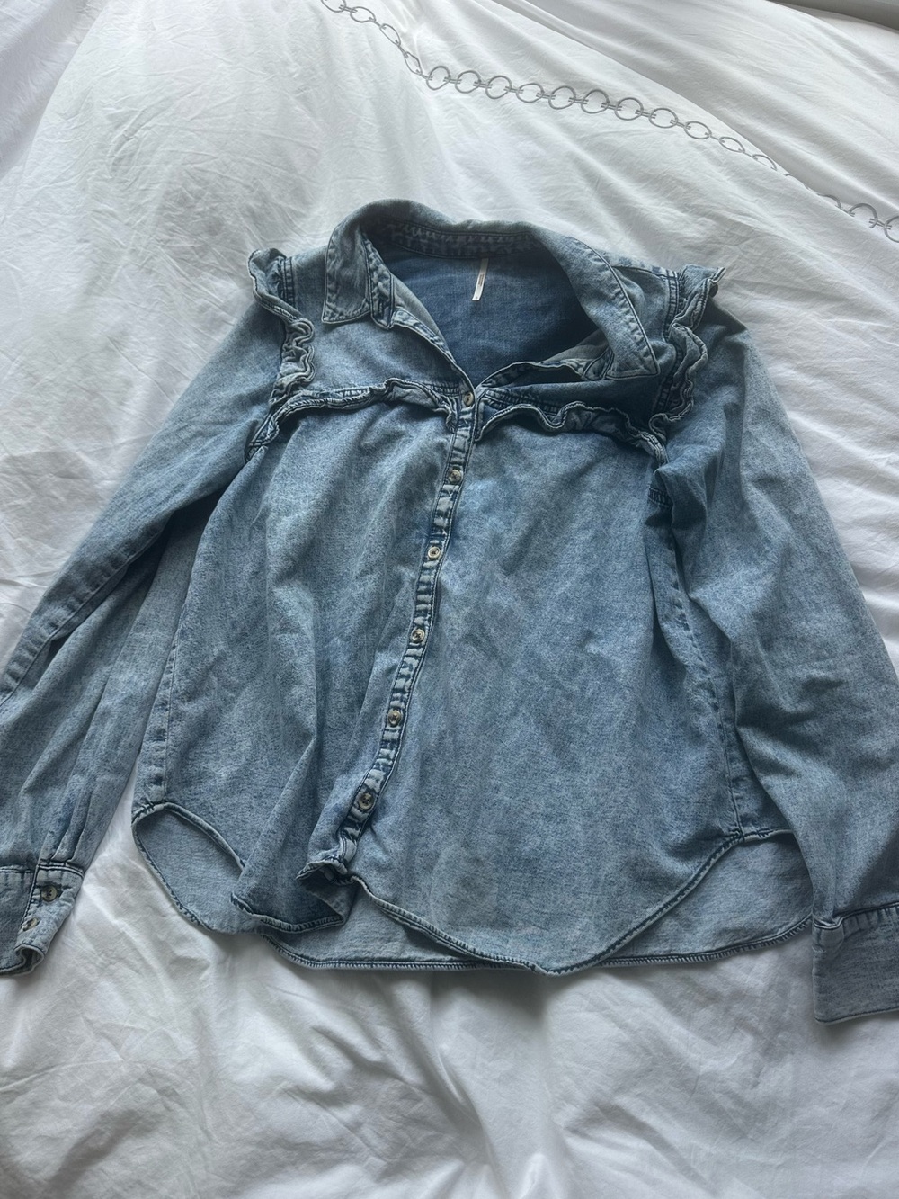 Free People Light Wash Denim Ruffle Button-Up Shirt